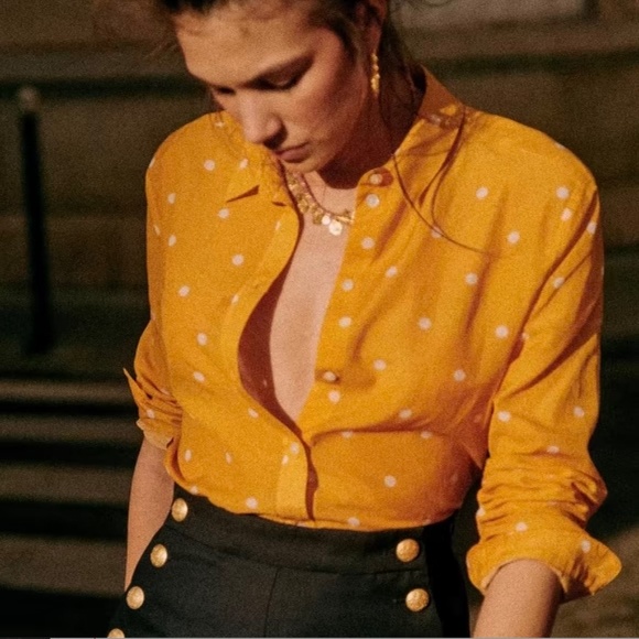 Sezane Ann shirt in Ochre with Ecru Polka Dots -- Size 10 US / 42 FR - Picture 3 of 10